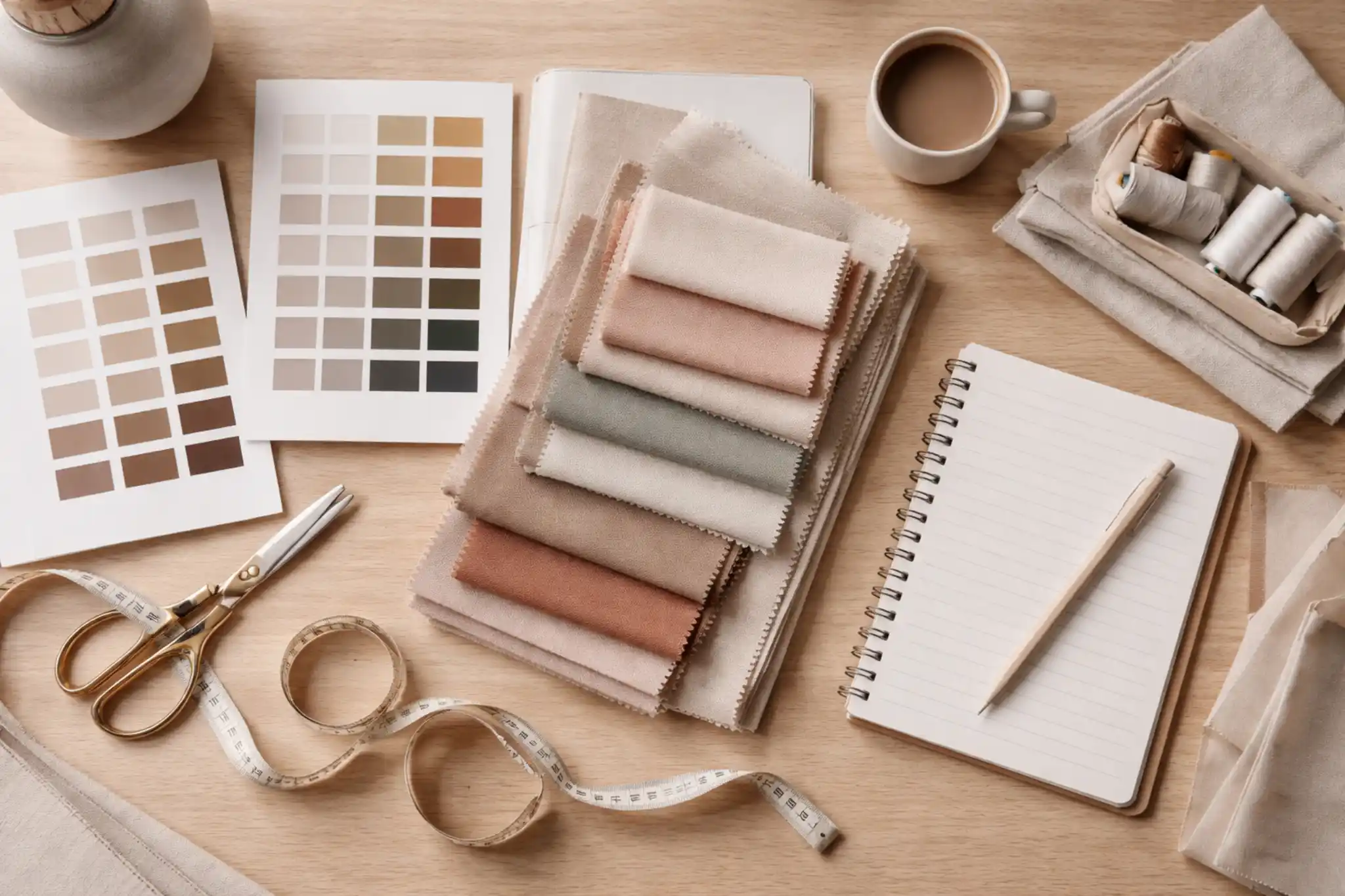 Fabric swatches and tools used in apparel sourcing and material selection