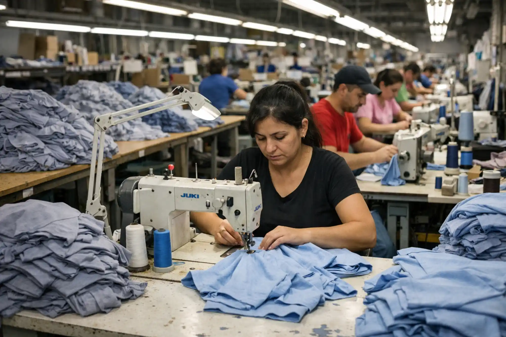 Garment factory sewing line with workers stitching clothing in production process