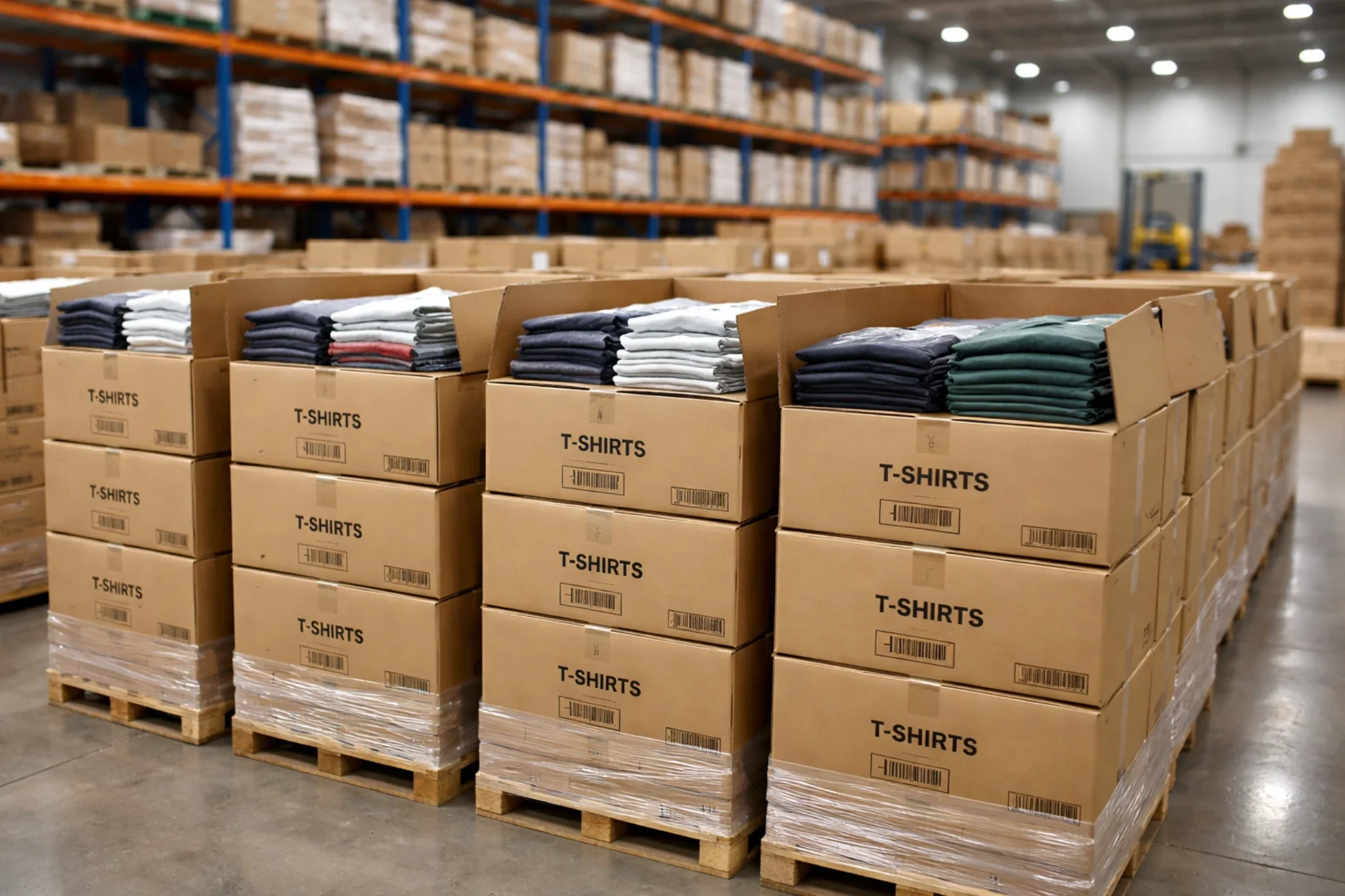 Export-ready cartons of t-shirts prepared for shipment