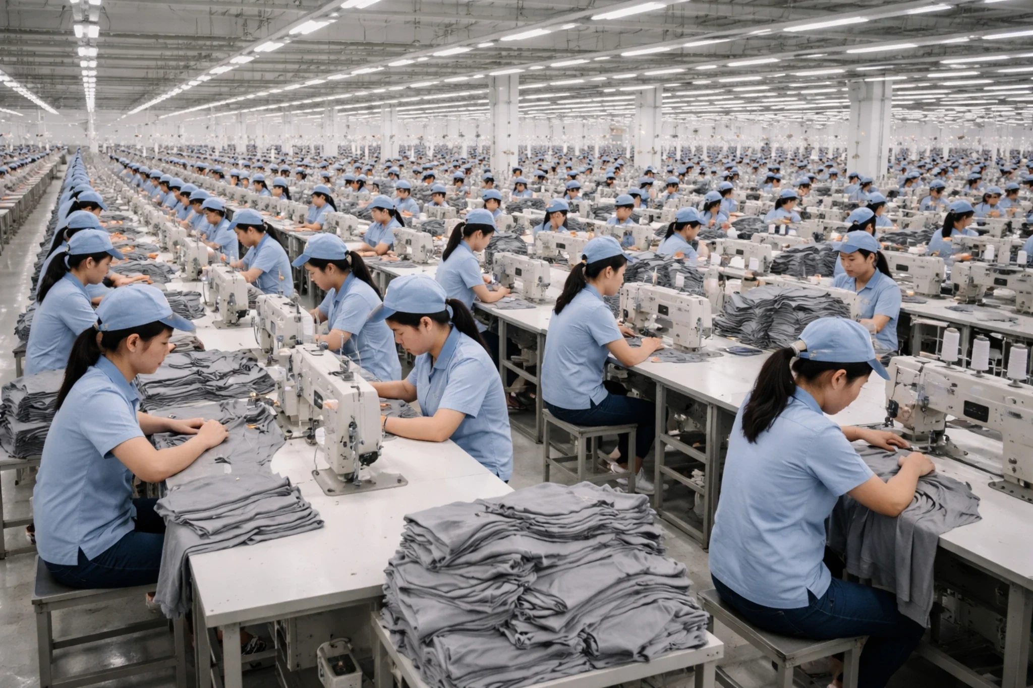 Bulk production line for t-shirt manufacturing in garment factory