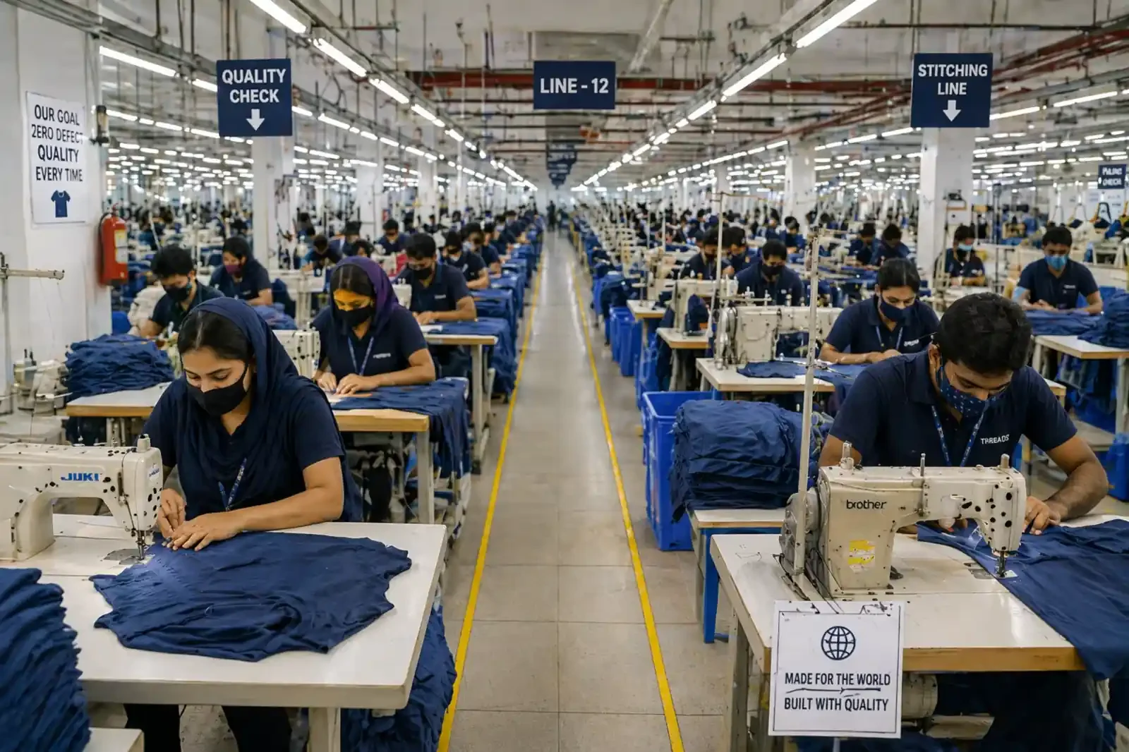 Bulk t-shirt production line in garment manufacturing factory