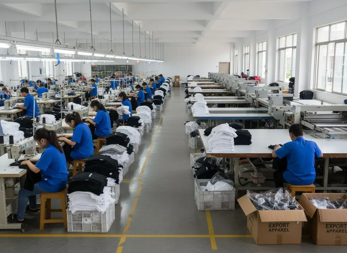 Cutting and stitching process in garment production factory